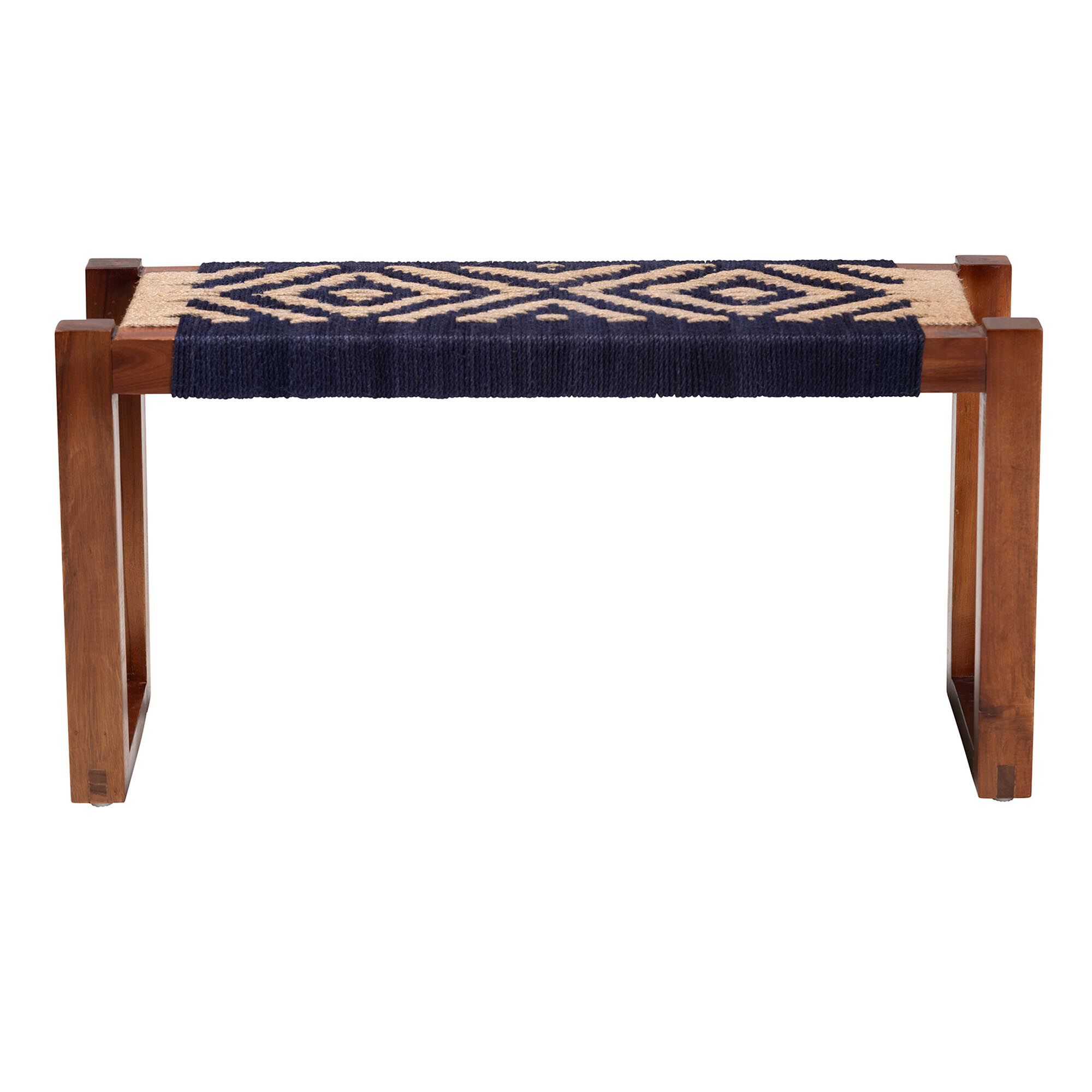 Prunella Modern Bohemian Two-Tone Navy Blue and Natural Brown Seagrass and Acacia Wood Accent Bench, BLUE, alternate image number 3