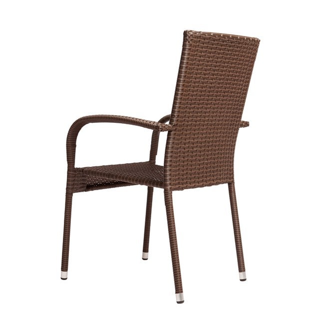 Mocha outdoor wicker stacking chair with curved armrest and white feet