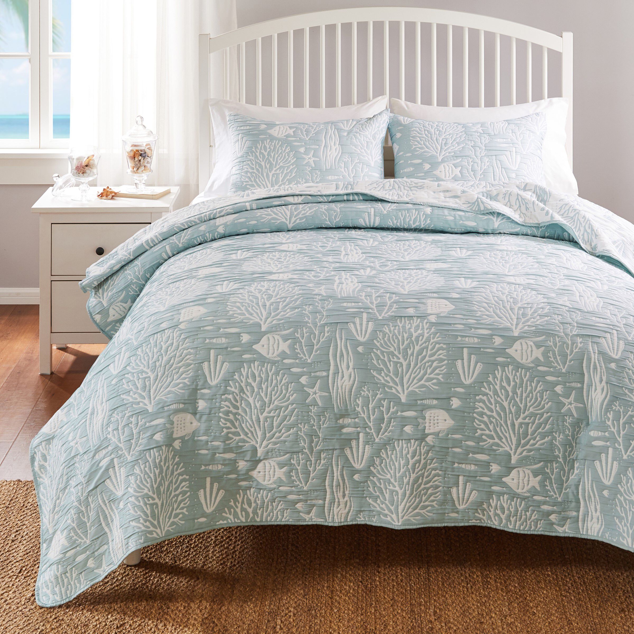 Greenland Home Fashions Marina Reversible Matelass&eacute; Coverlet Set, 3-Piece Full/Queen, Seafoam, SEAFOAM, alternate image number 1