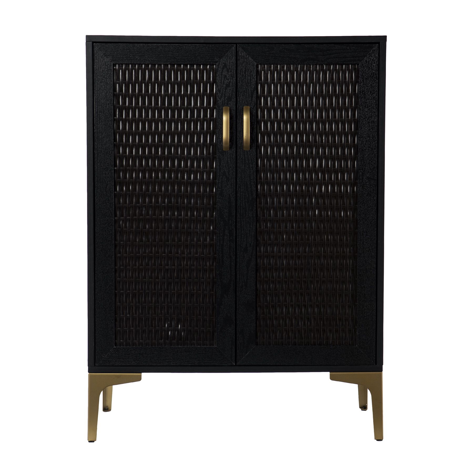 Front view of Rolliston two-door bar cabinet with woven panels and gold feet