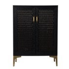 Front view of Rolliston two-door bar cabinet with woven panels and gold feet