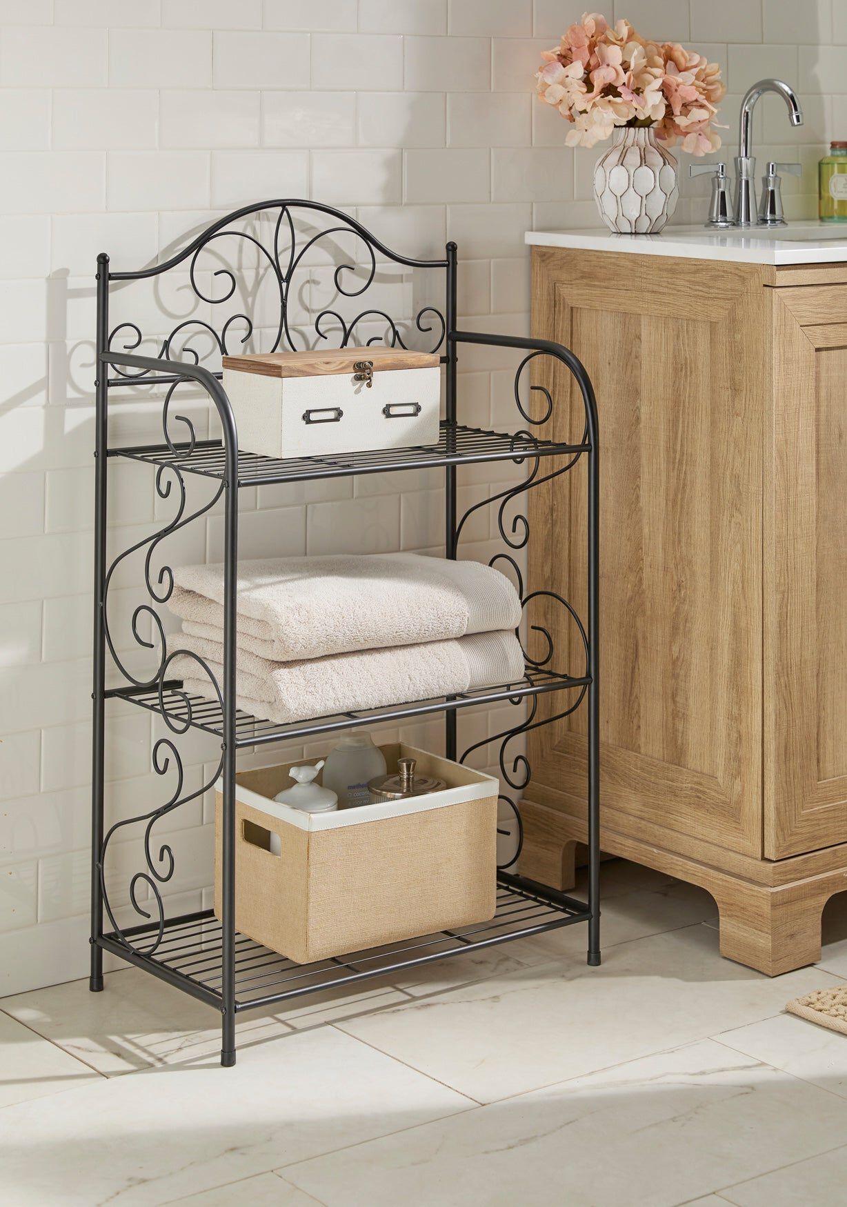 Scroll 3-Tier Bath Shelf, BLACK, hi-res image number 0
