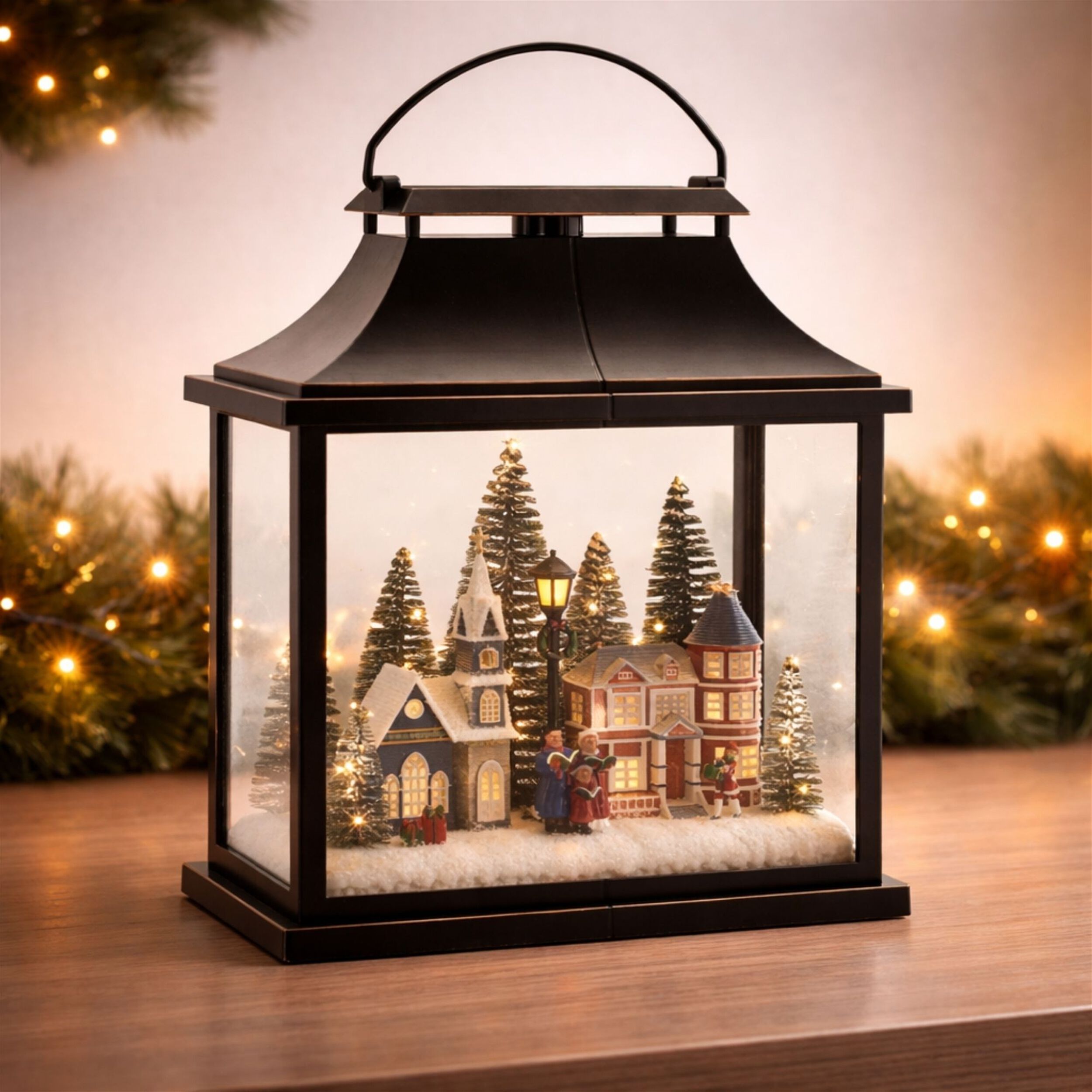LED Lantern Scene with Village and Carolers 16 inchesH, BLACK GOLD RED, alternate image number 2