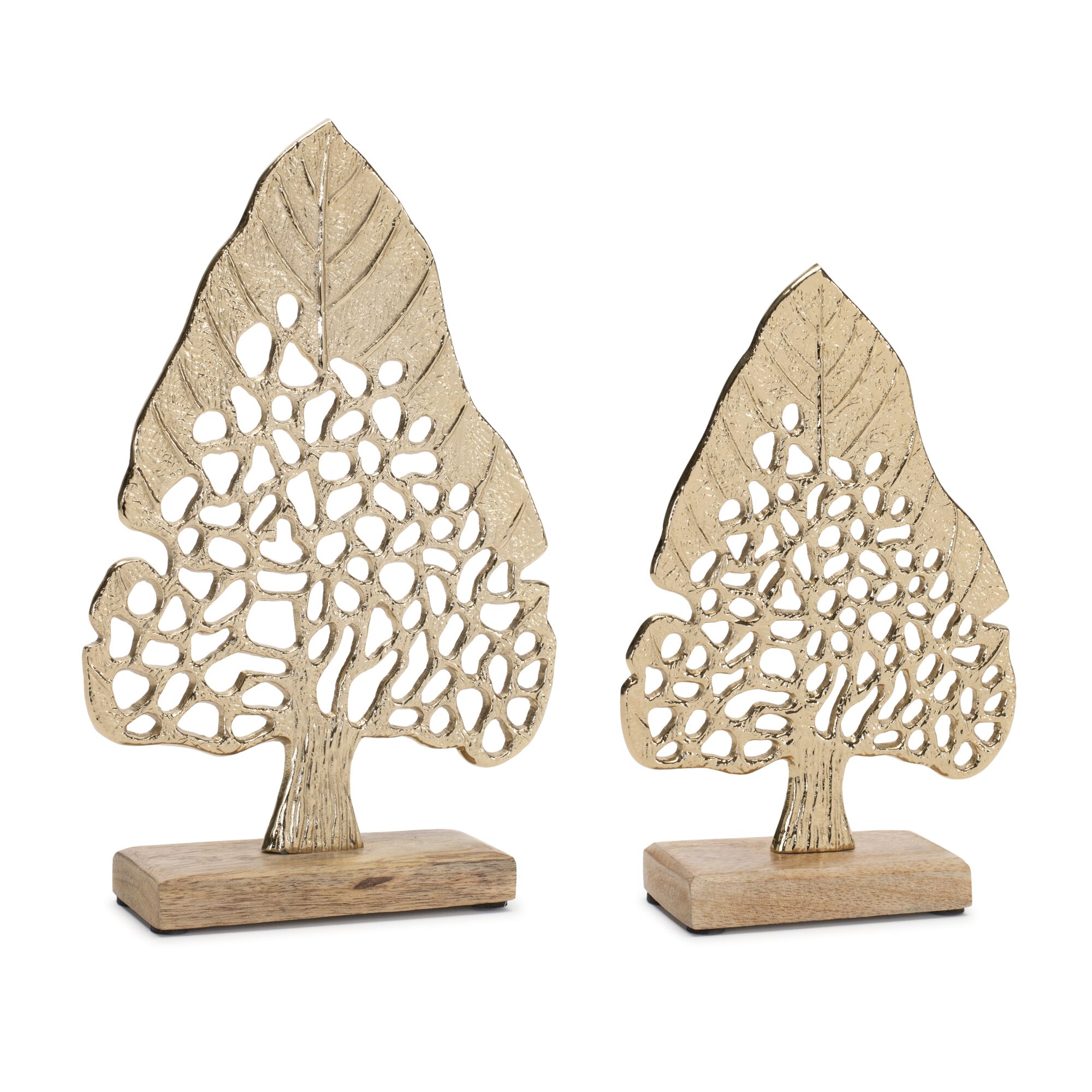 Modern Metal Leaf Tree on Wood Base (Set of 2), GOLD, hi-res image number 0