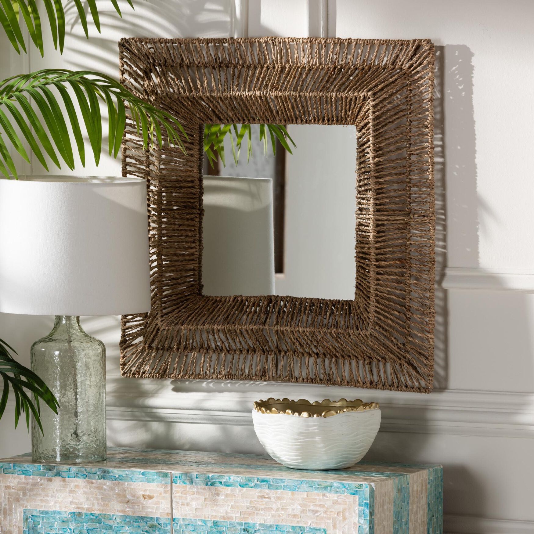 Collice Modern Bohemian Metal and Natural Brown Seagrass Accent Wall Mirror, , alternate image number 6