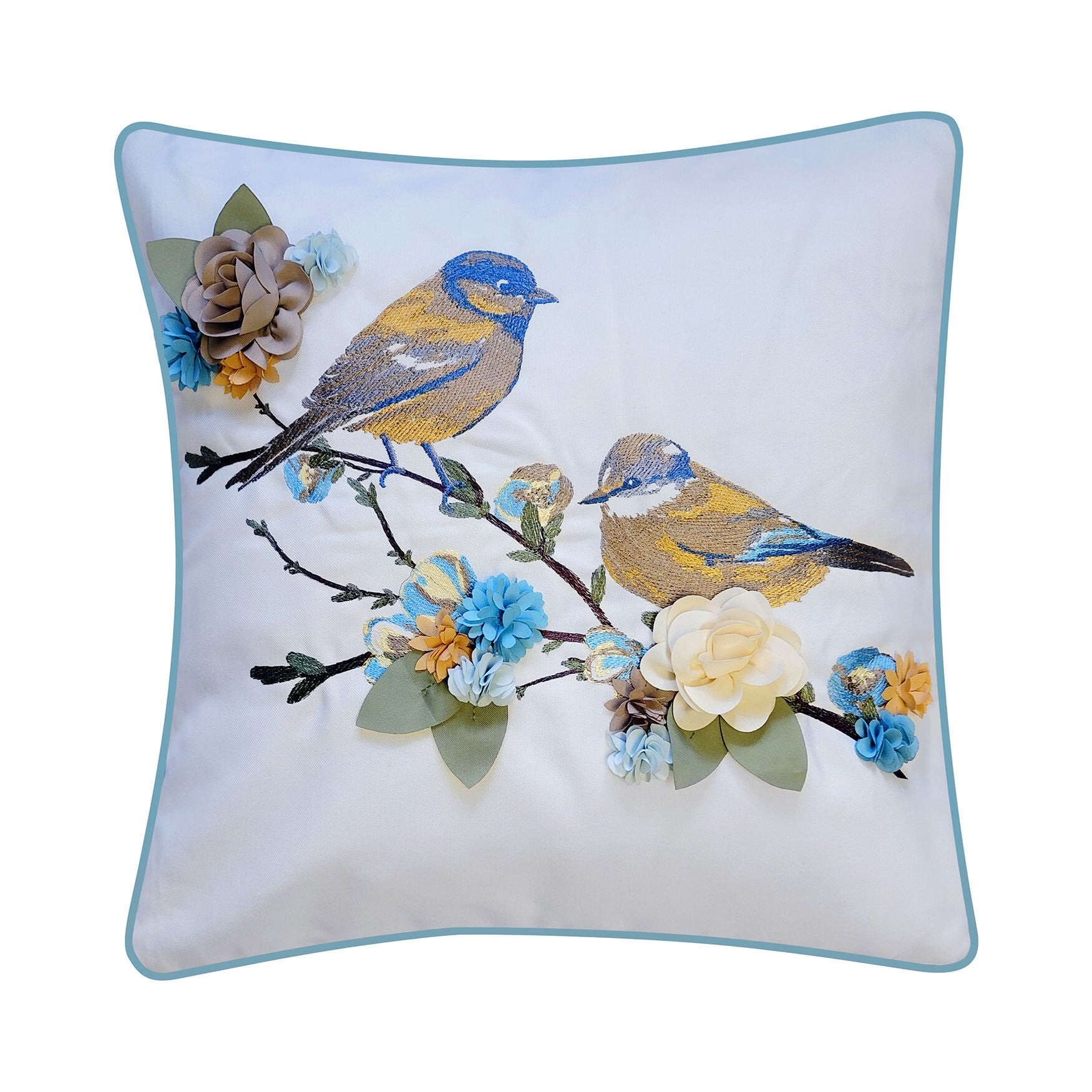 Indoor/Outdoor Embroidered Birds On Floral Branch Decorative Throw Pillow 18X18, Capri Multi, CAPRI, hi-res image number 0