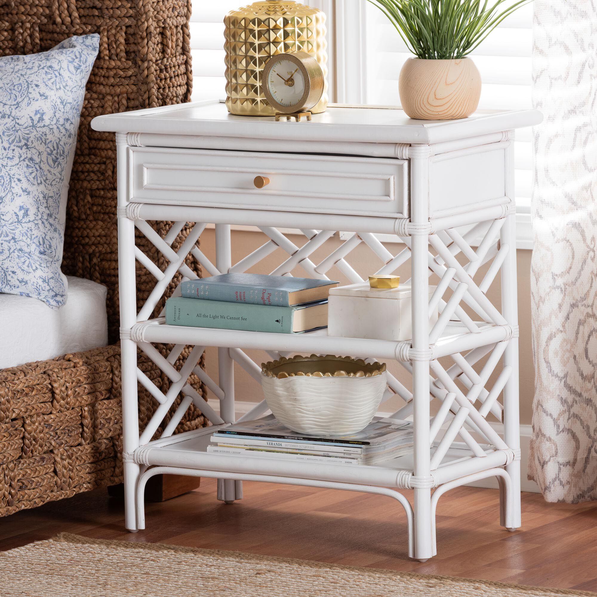 Tiaret Natural Rattan Nightstand, White, WHITE, hi-res image number 0