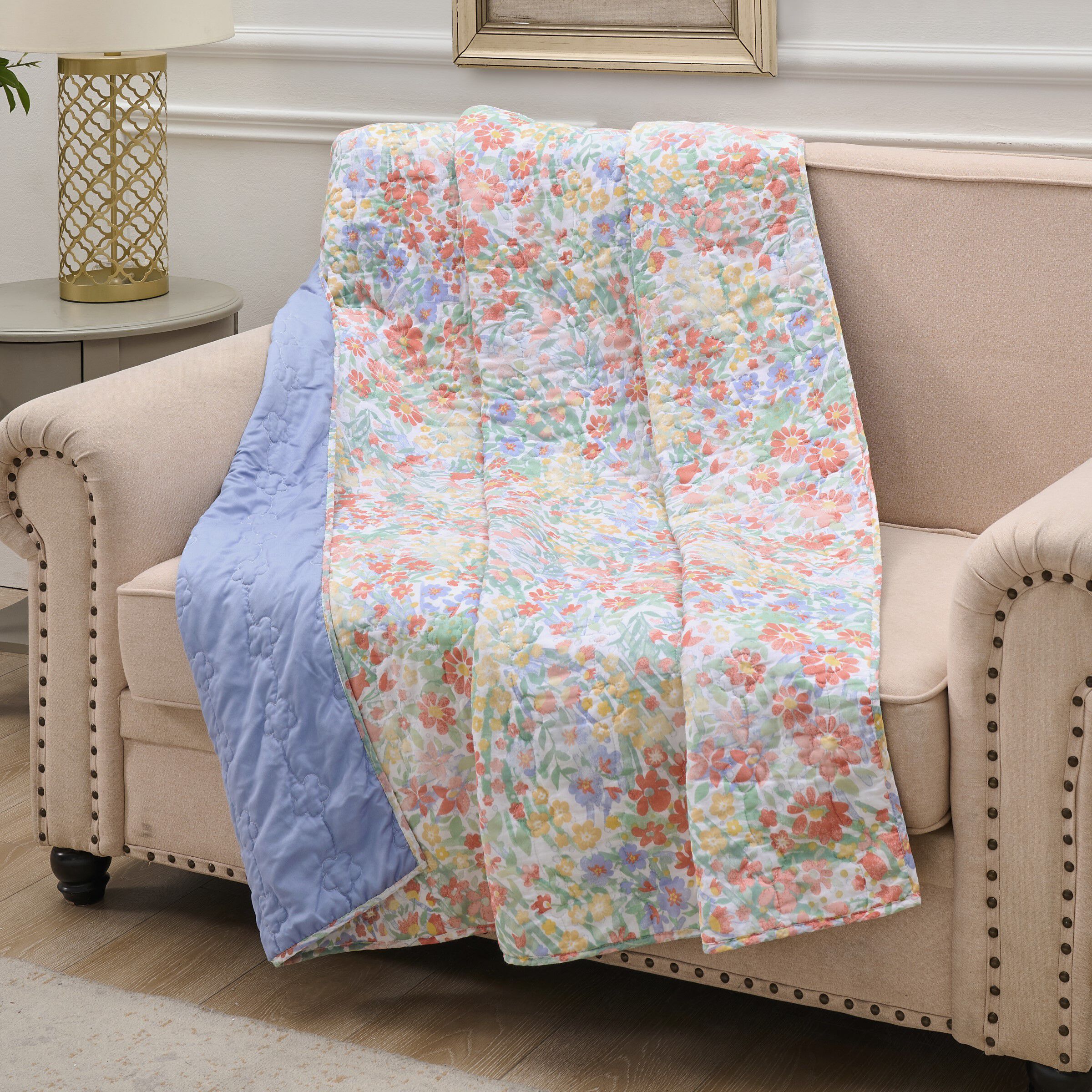 Alice Pastel Floral Meadow Quilted Throw Blanket, PASTEL, hi-res image number 0