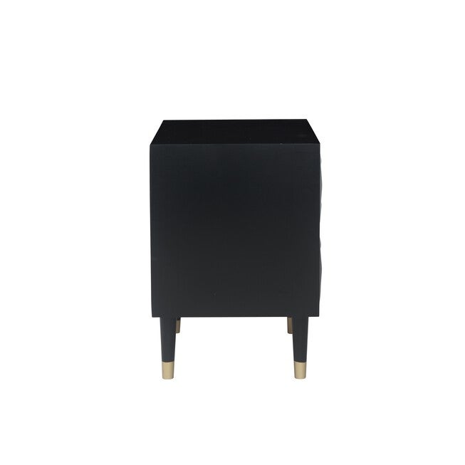 Black two-drawer nightstand with gold/brass tapered legs