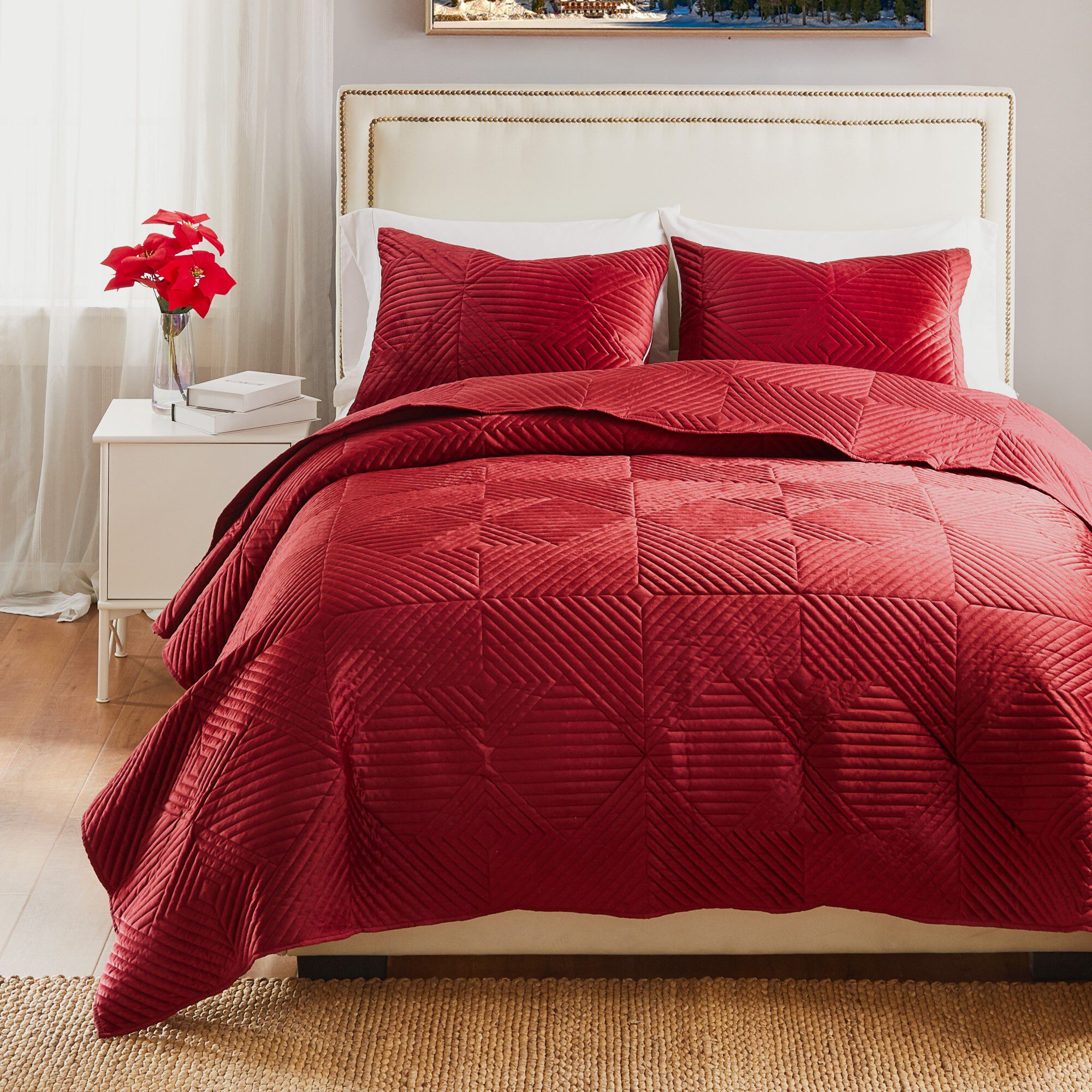 Riviera Velvet Finely Stitched Modern Quilt Set, Red, 3-Piece King, RED, alternate image number 3