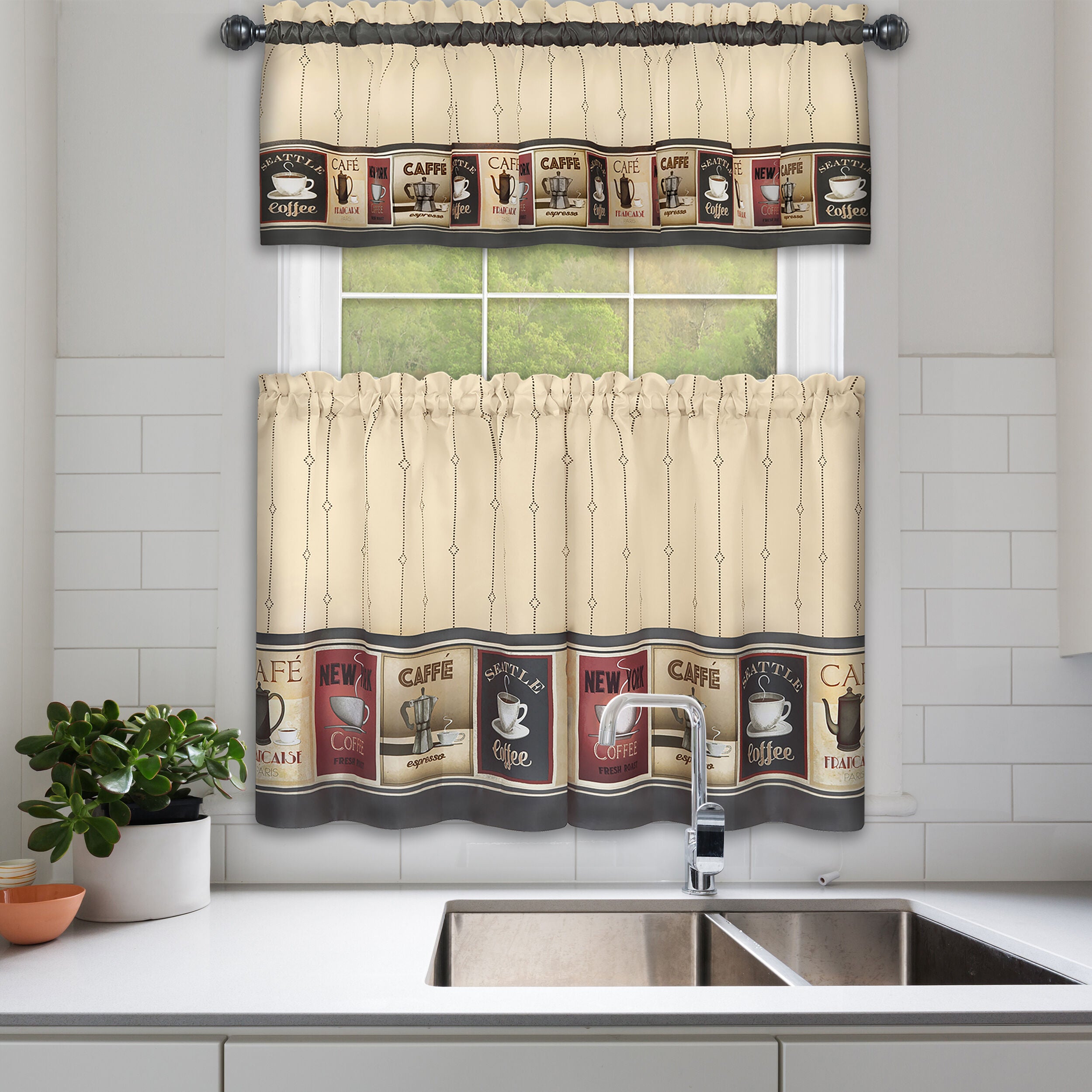 Cozy Caf&eacute; Printed Tier & Valance Set, TAN, hi-res image number 0