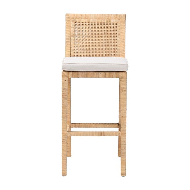 Front view of Sofia rattan bar stool with cushioned seat