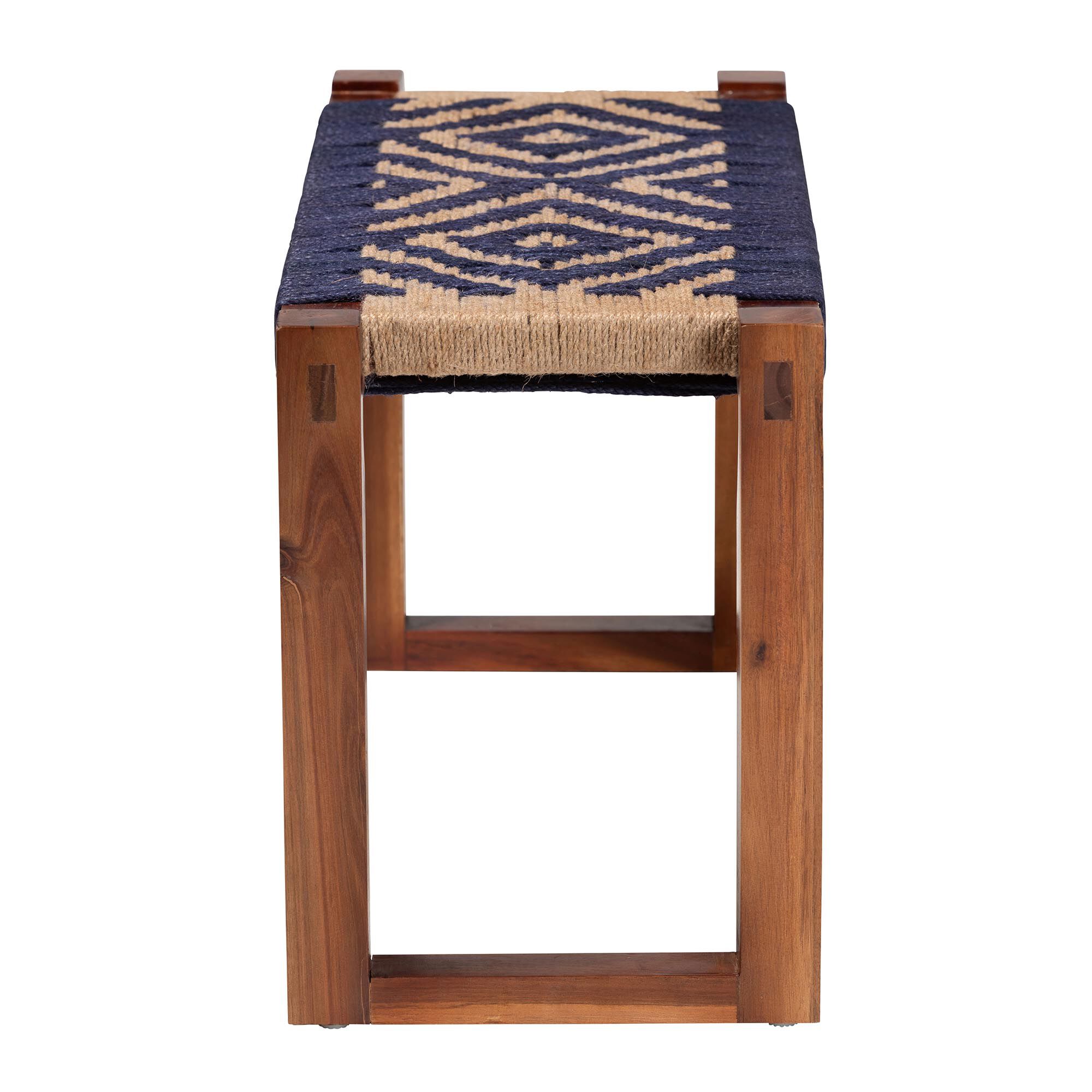 Prunella Modern Bohemian Two-Tone Navy Blue and Natural Brown Seagrass and Acacia Wood Accent Bench, BLUE, alternate image number 4
