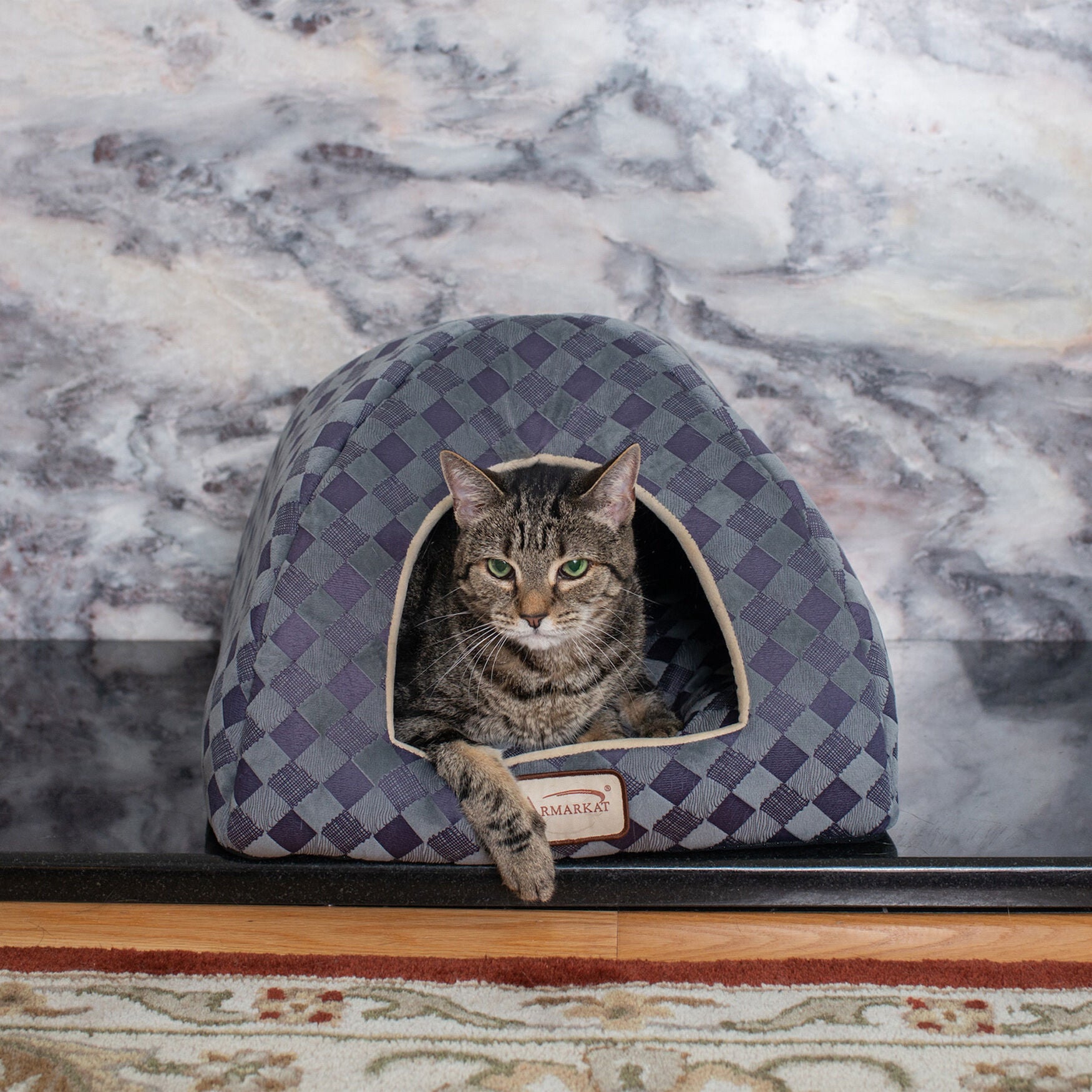 Purple Gray Checkered Cat Dog Bed, , on-hover image number 1