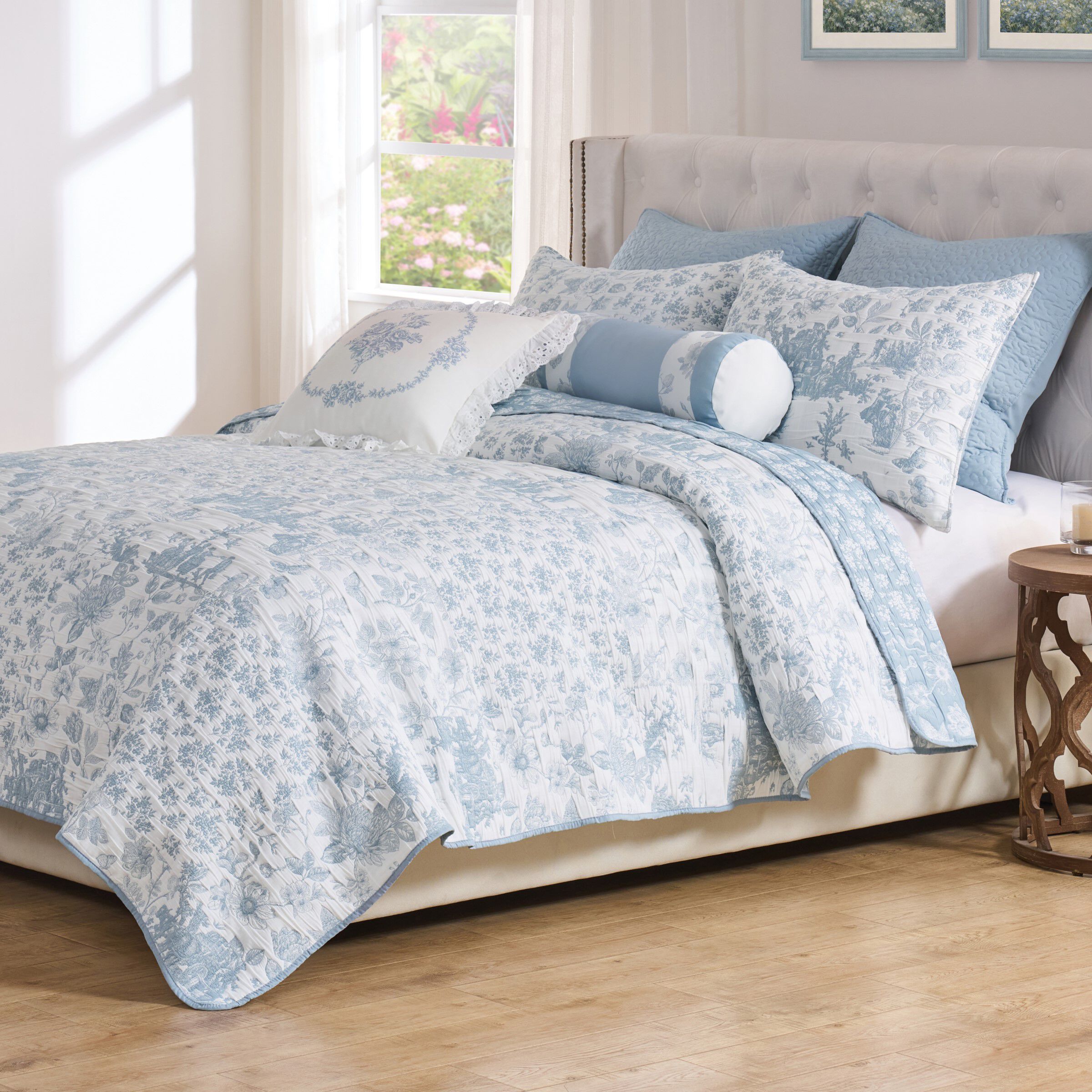 Patchwork Toile Classic Floral Coverlet Set, BLUE, alternate image number 1