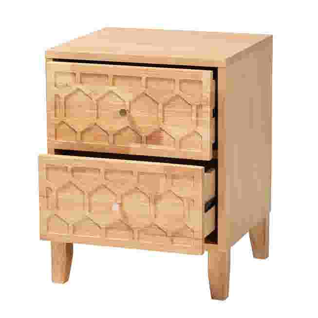 Natural honeycomb carved nightstand with 2 drawers shown from angle