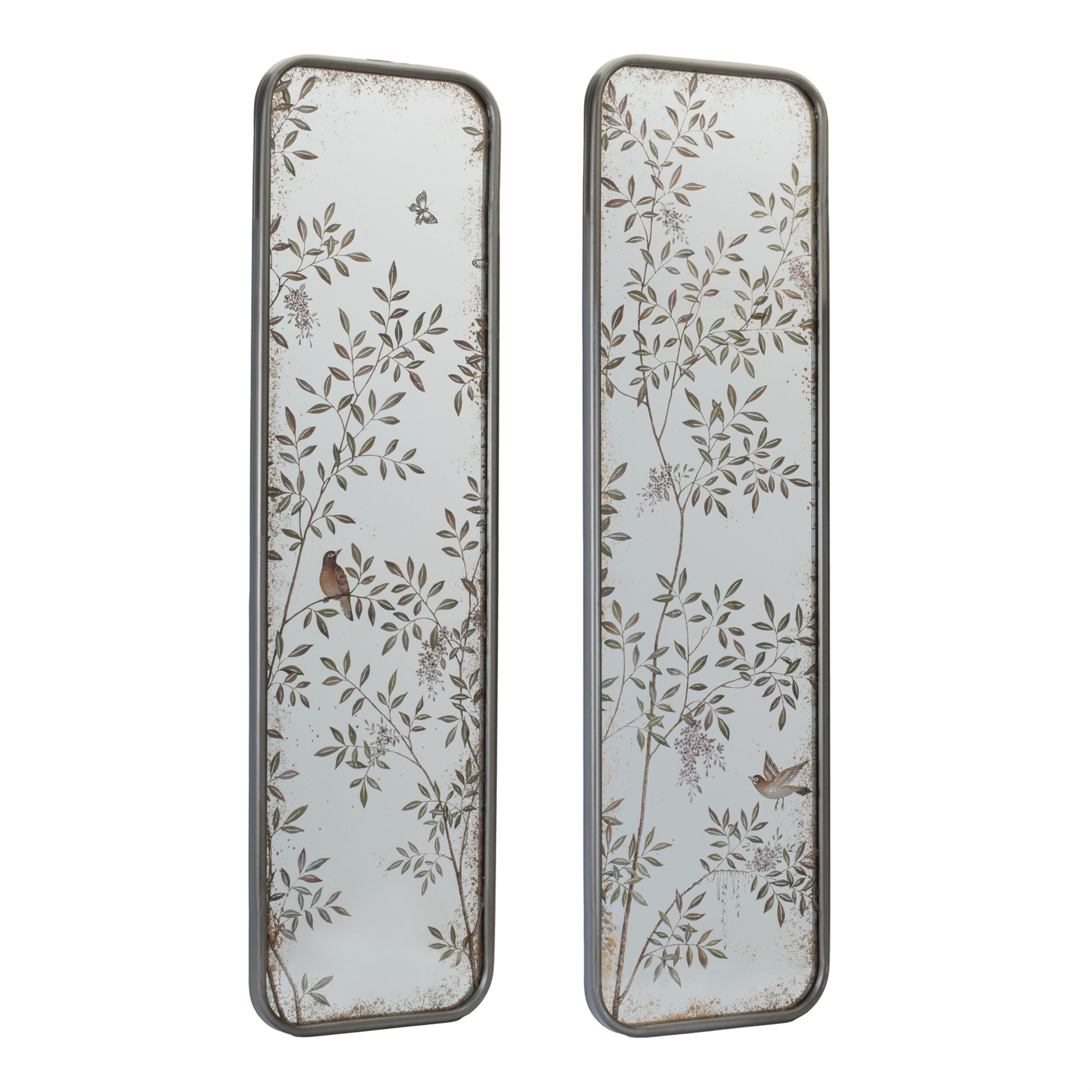Wall Mirror with Bird and Floral Foliage Print Set of 2, BLACK GREEN, hi-res image number 0