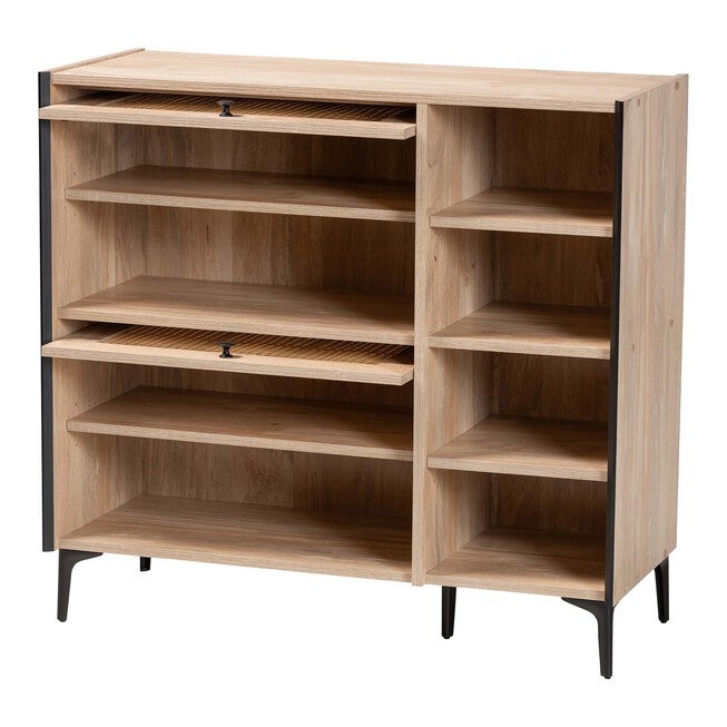 Malcolm Mid-Century Modern Oak Brown Wood Shoe Cabinet with Flipper Doors, OAK, alternate image number null