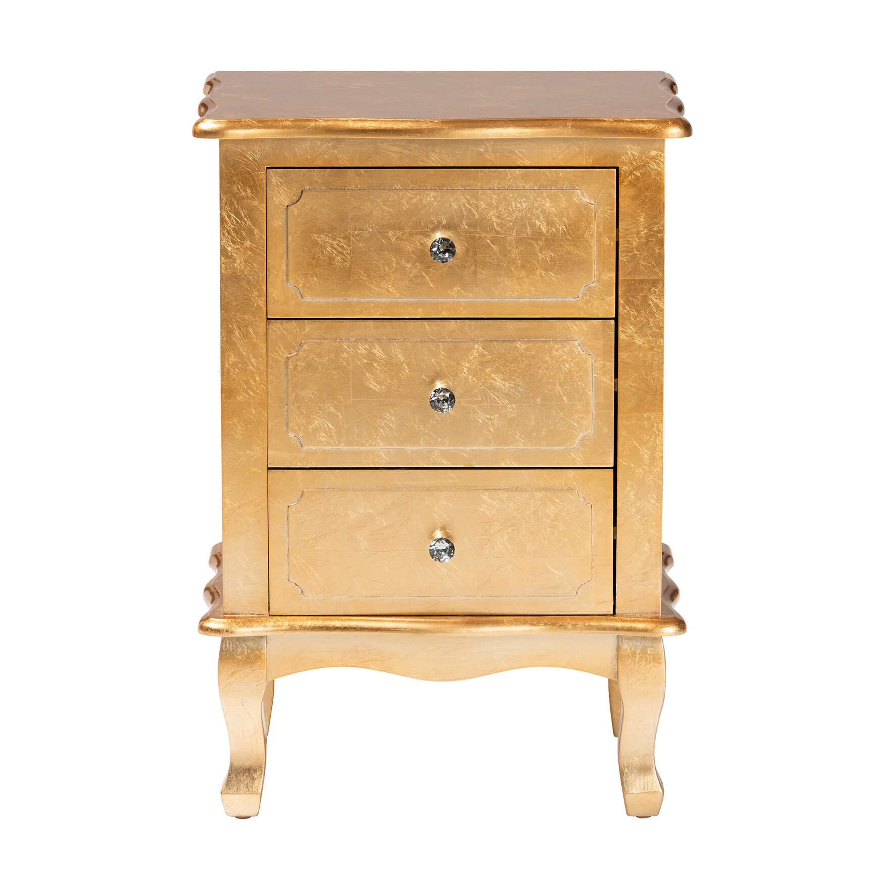 Three-drawer nightstand in lighter gold tone