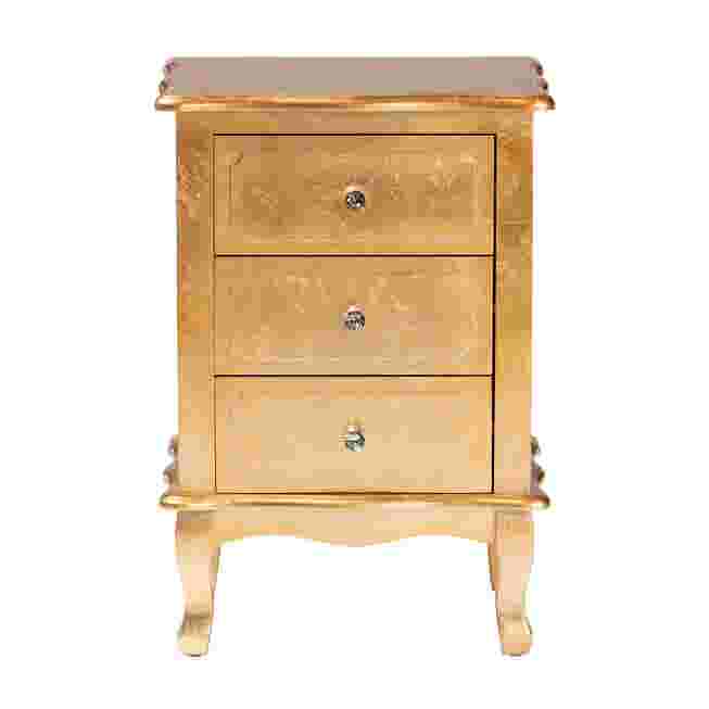 Three-drawer nightstand in lighter gold tone