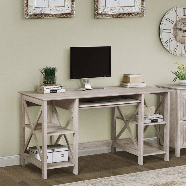 Honduras Washed Gray 58-Inch Writing Desk With 1 Laptop Credenza And 2 Open Shelf Writing Desk, , on-hover image number 1