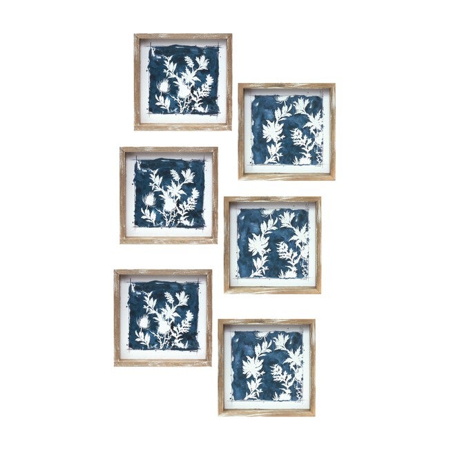 Wood Framed Floral Outline Print (Set of 6), WHITE/BLUE/BROWN, hi-res image number null