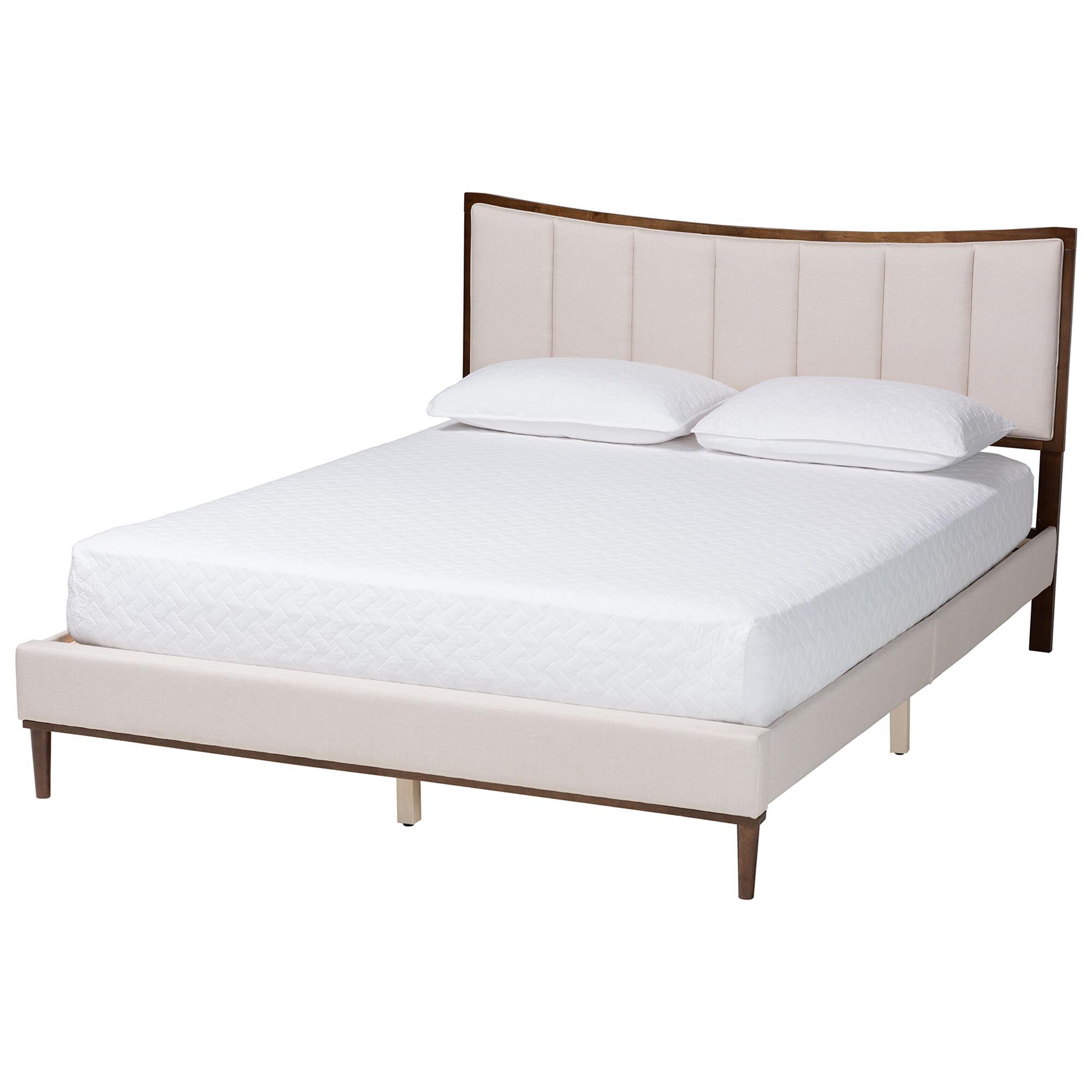 Nikolai Mid-Century Channel Tufted Beige Fabric and Wenge Brown Wood Queen Bed, BEIGE/WENG, alternate image number 1