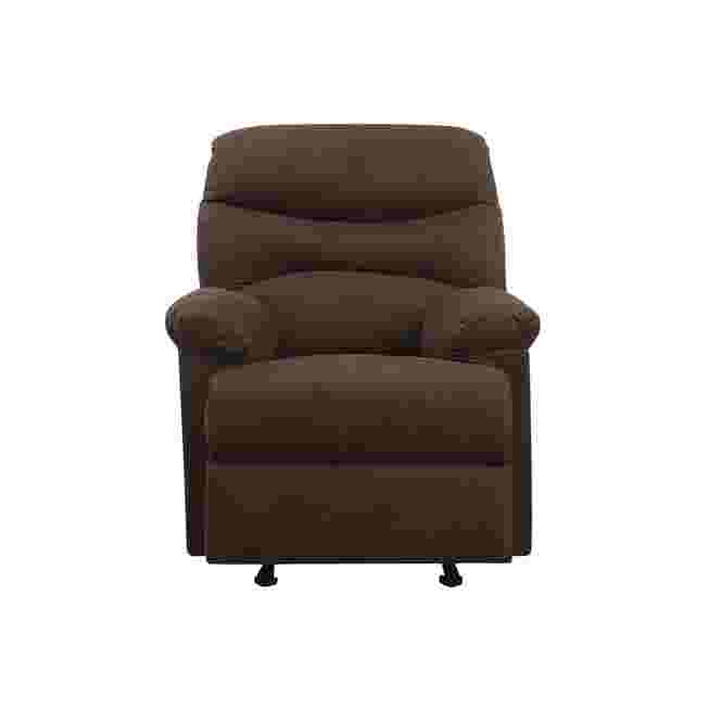 Dark brown motion glider recliner with cushioned back and arms, straight-on view