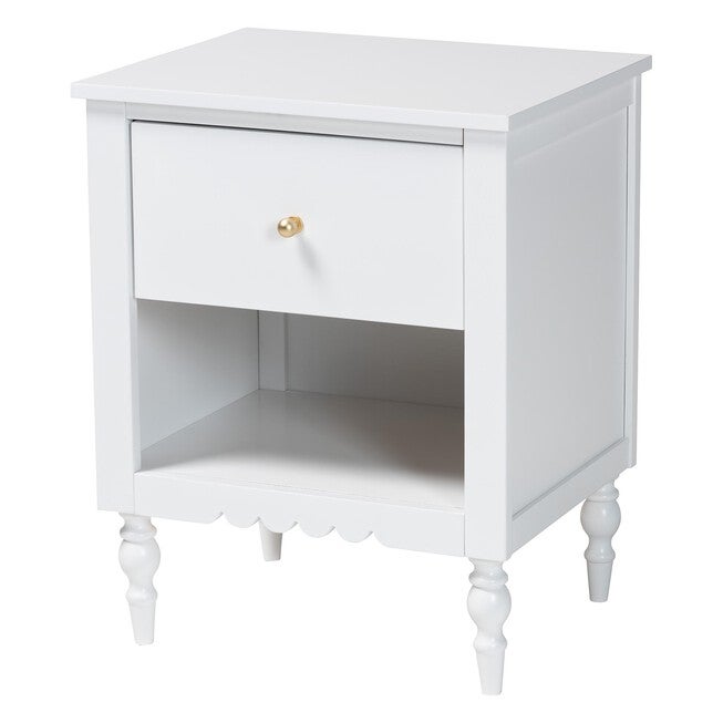 White modern nightstand with 1 drawer and scalloped apron