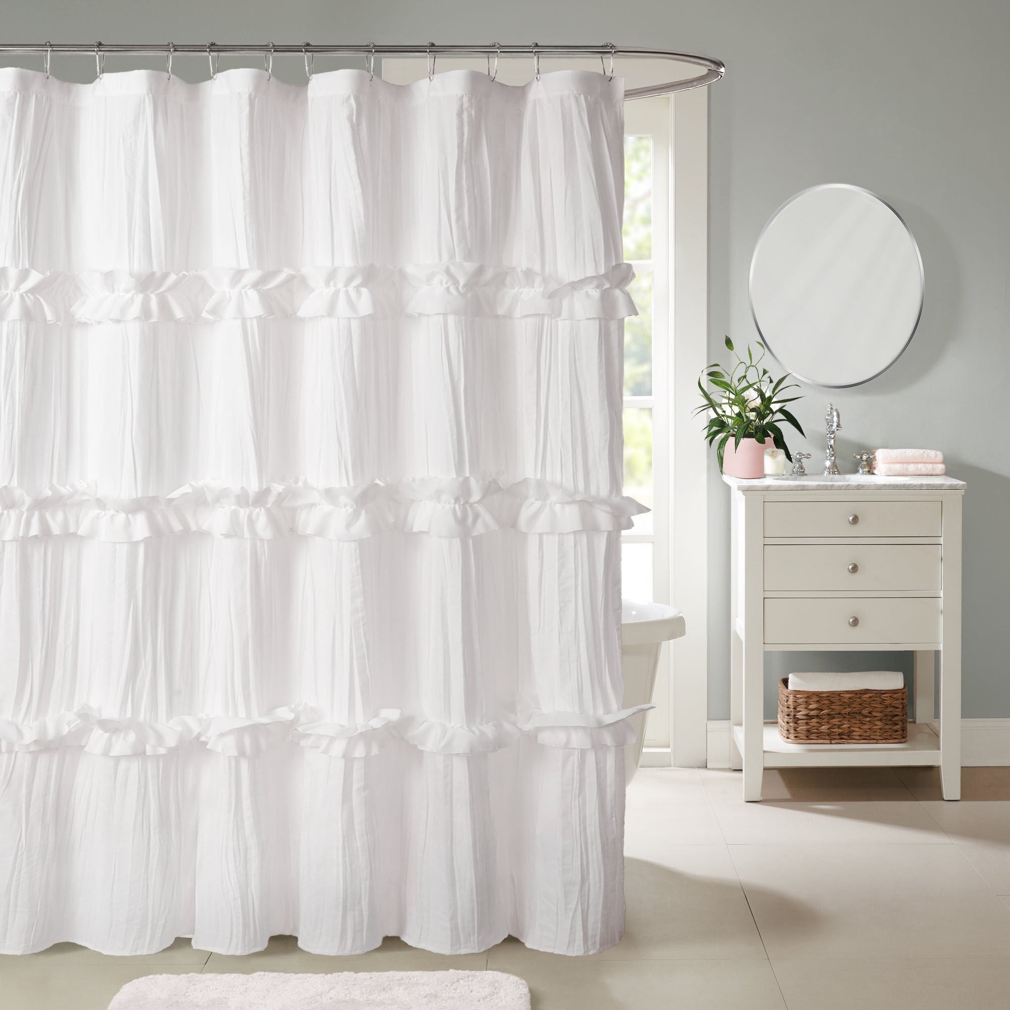 Recycled Ruffles and Pleats Shower Curtain, WHITE, hi-res image number 0
