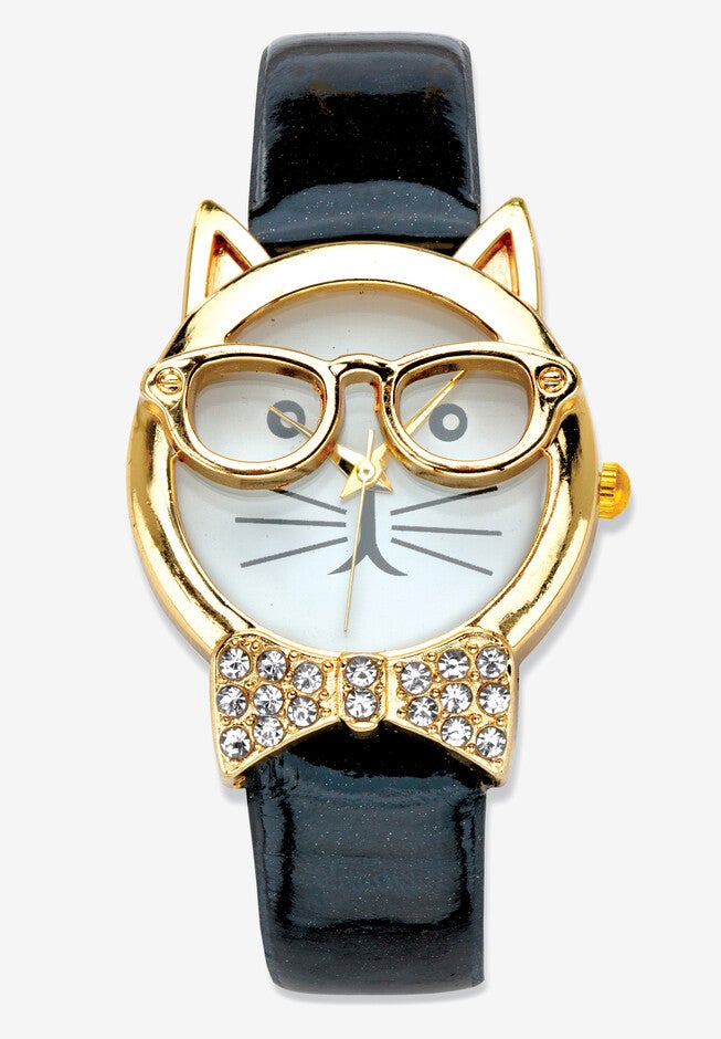 Gold Tone Bowtie Cat Watch with Adjustable Black Strap 8 inches, BLACK, hi-res image number null