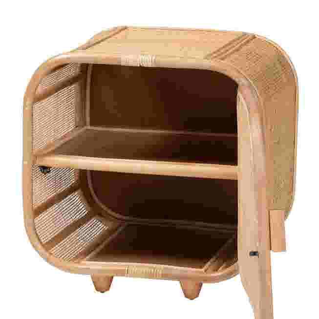 Open rattan nightstand with a single shelf, showing the interior structure.