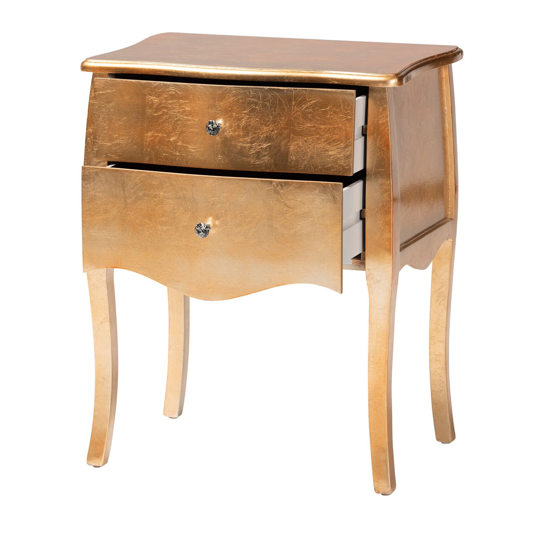 Gold nightstand with two drawers, front view