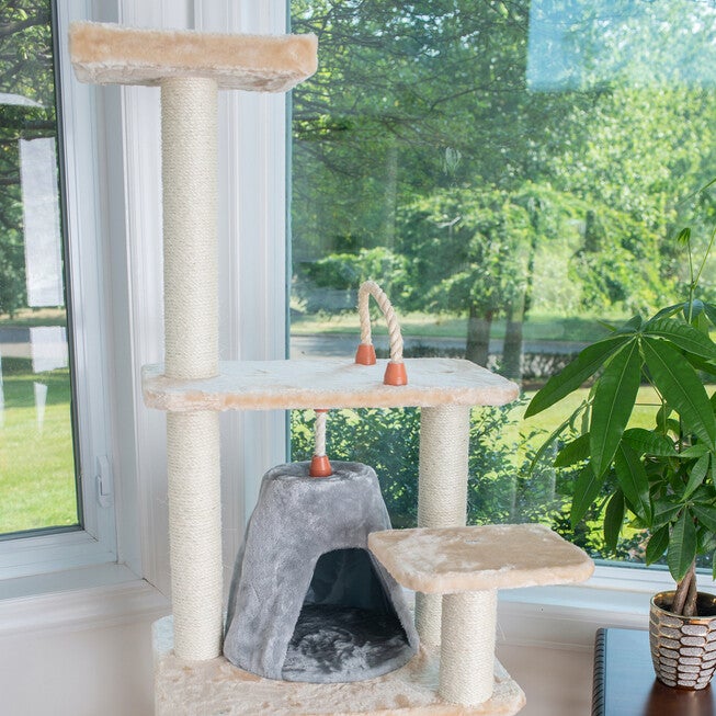 65 inches Real Wood Cat Tree With Sisal Rope, Hammock, Playhouse, , alternate image number null
