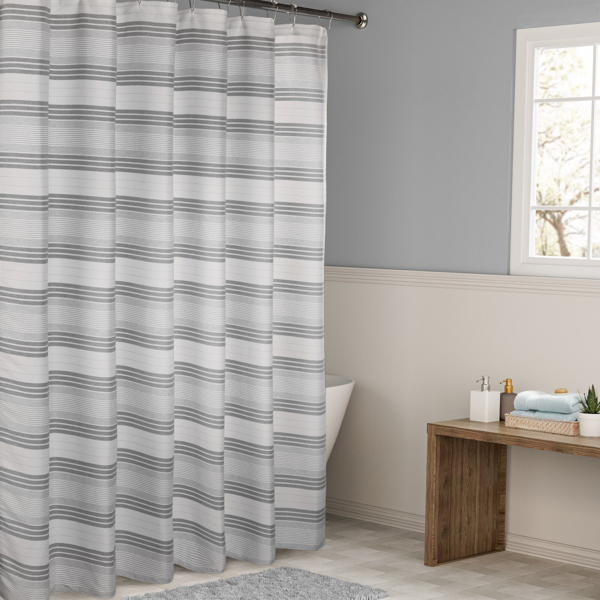 Horizontal Beach Stripe Water Repellent Shower Curtain, HEATHERED GREY, hi-res image number 0