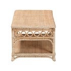 Natural rattan coffee table side view with woven shelf and ring detail