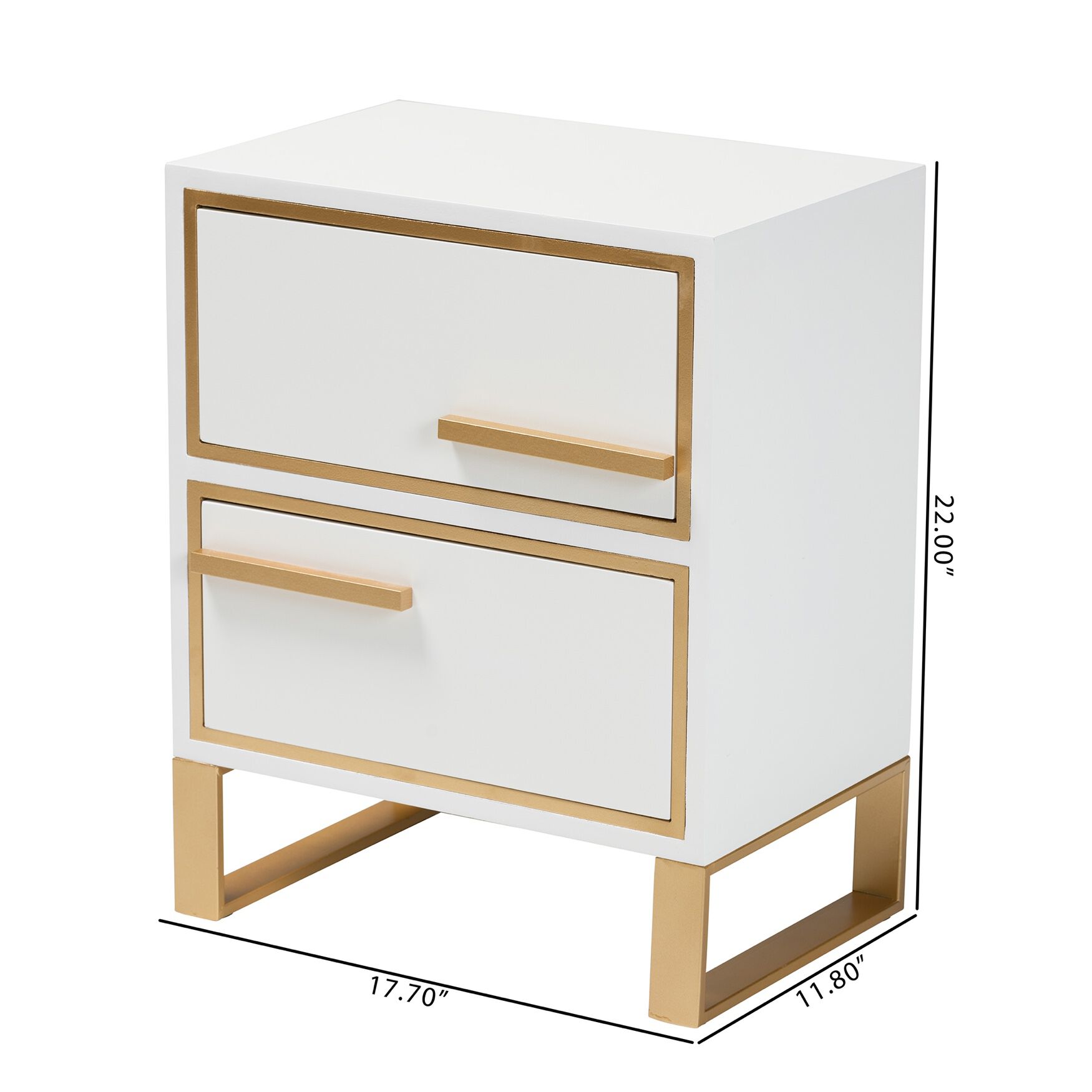 White nightstand with gold metal accents and two drawers with dimensions