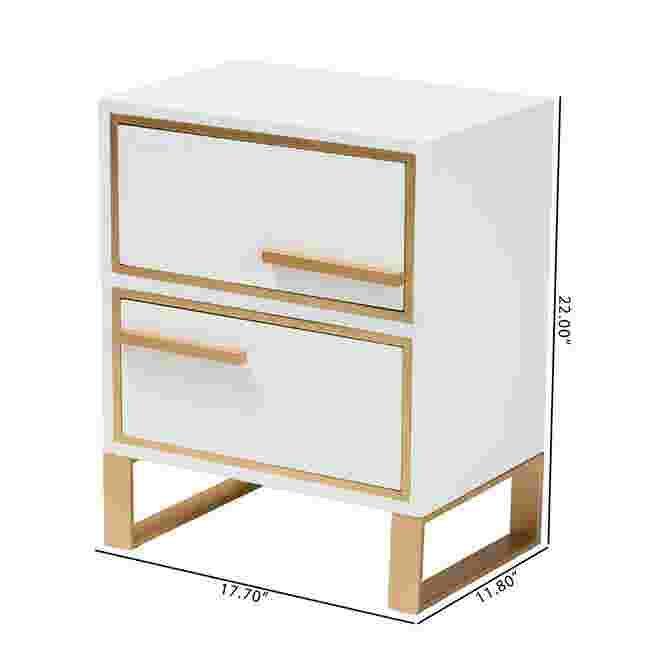 White nightstand with gold metal accents and two drawers with dimensions