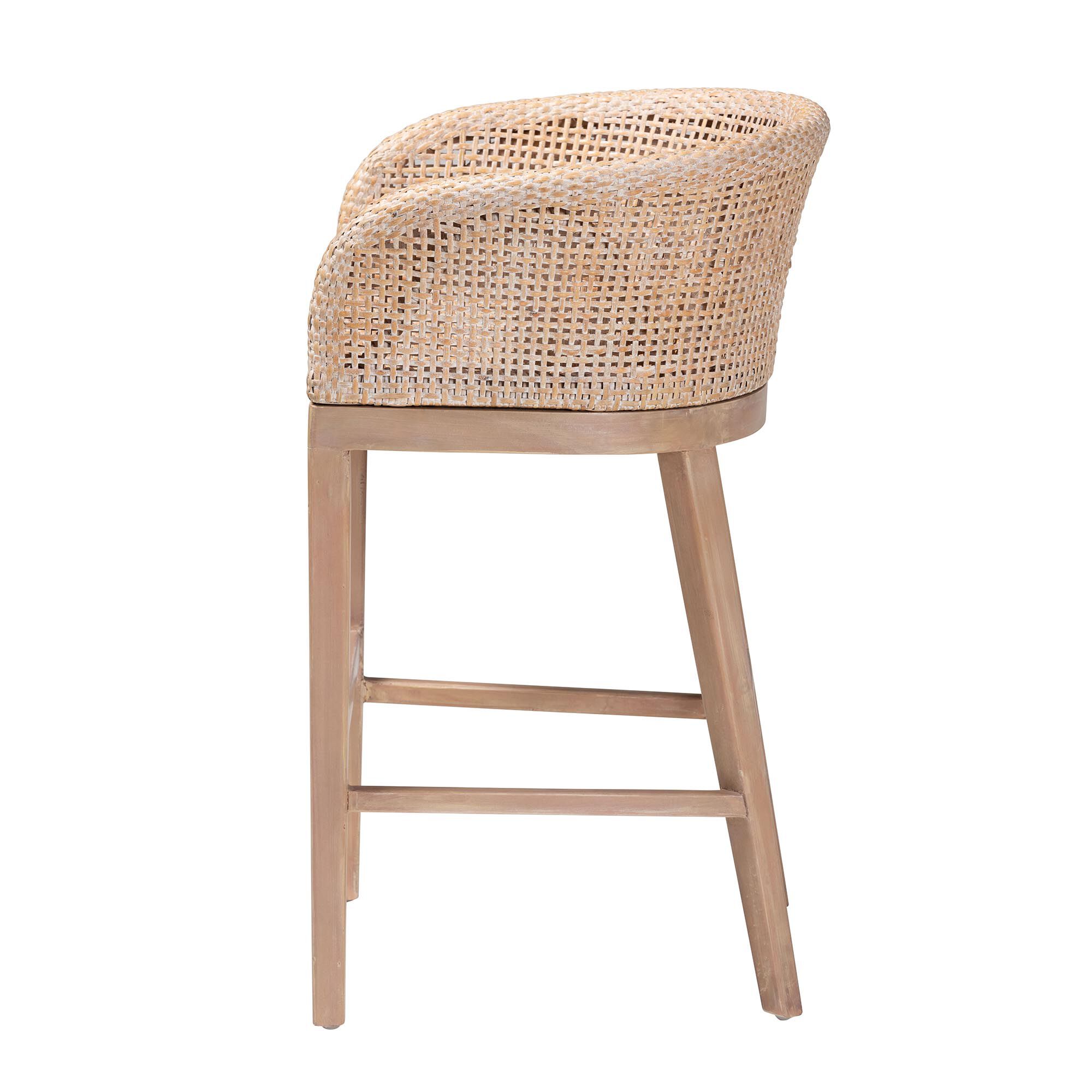 Papua Modern Bohemian Antique White Washed Rattan and Mahogany Wood Counter Stool, BROWN, alternate image number 4