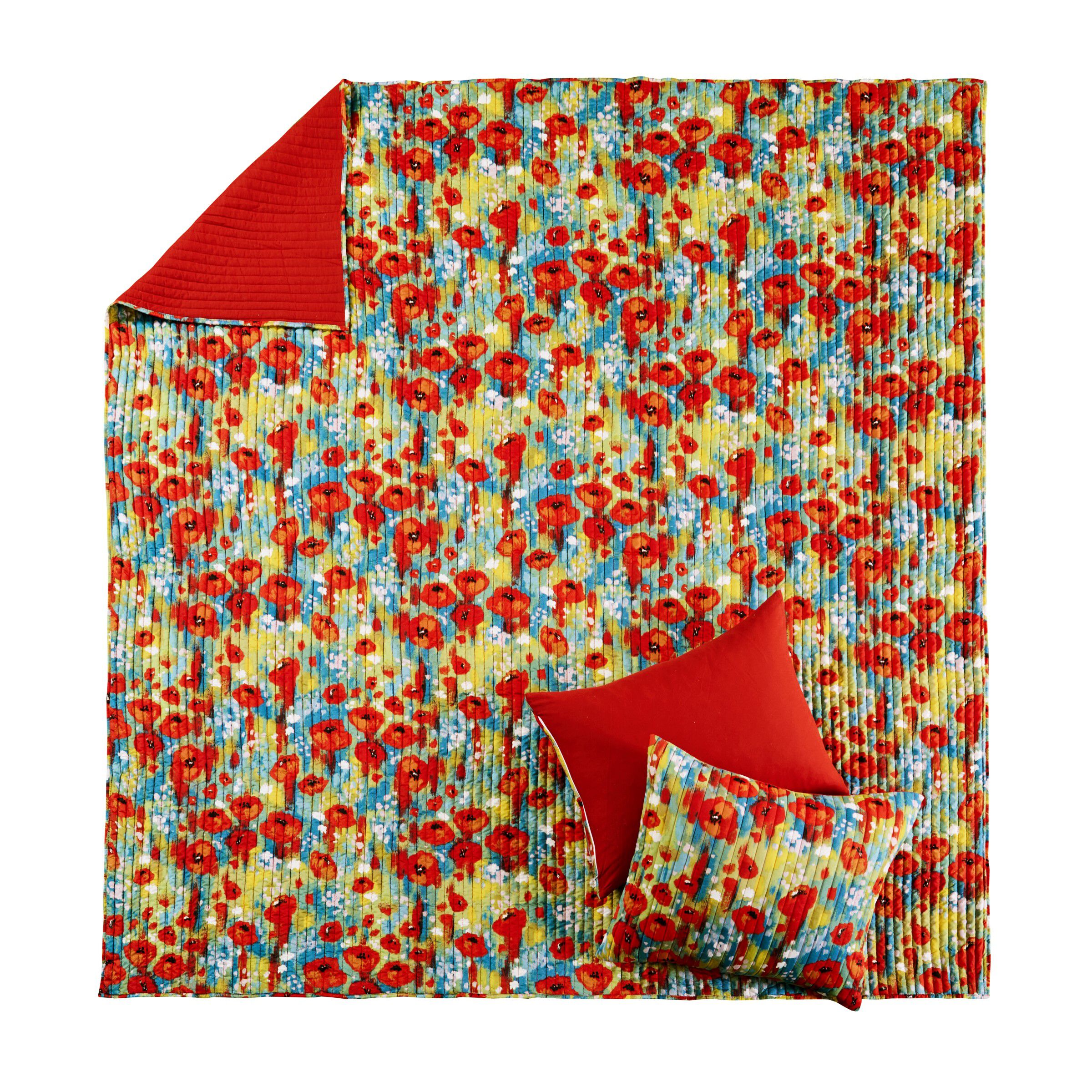 Poppies Modern Boho Floral Finely Stitched Quilt Set, RED, alternate image number 1