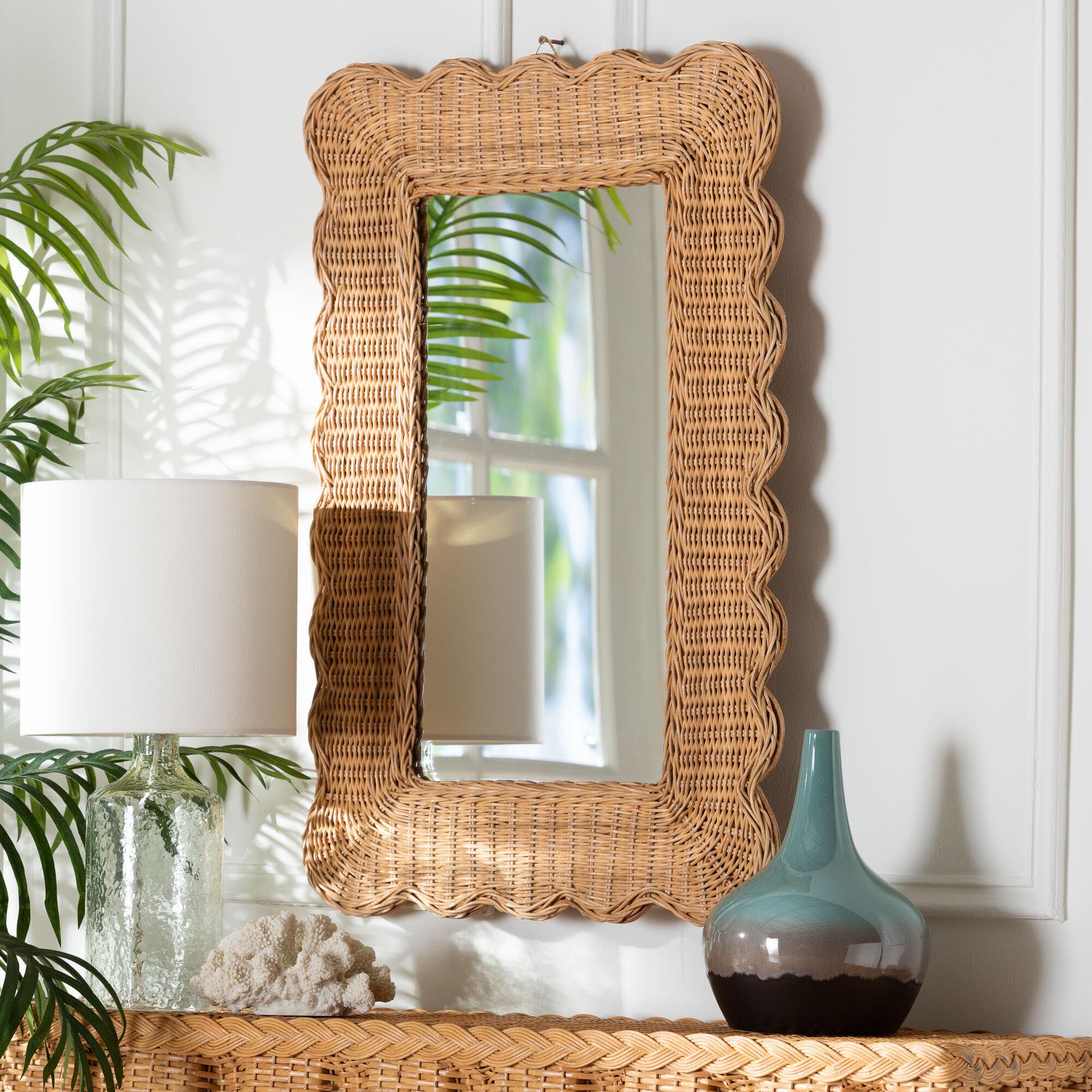 Makoto Scalloped Natural Rattan Wall Mirror - Rectangle, HONEY, alternate image number 3