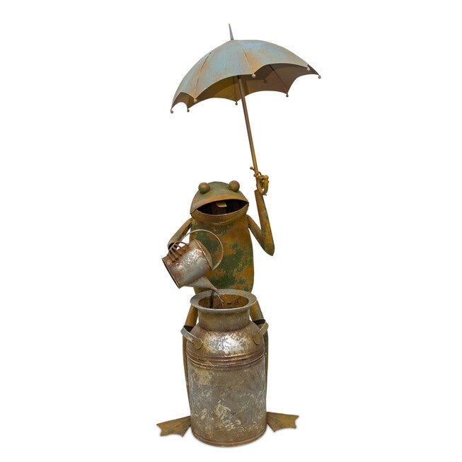 Rustic Copper Metal Frog With Umbrella Fountain 53.75 inchesH, GREEN, hi-res image number null