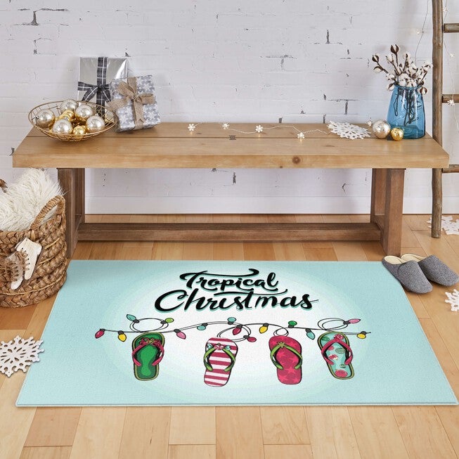 Tropical Christmas Light Blue Kitchen Rug, , alternate image number null