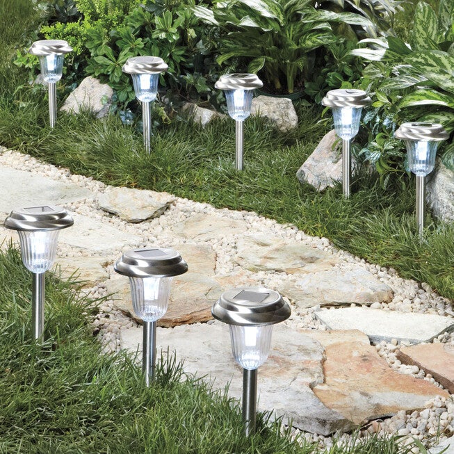 Stainless Steel Solar Pathway Lights, Set of 8, STAINLESS STEEL, hi-res image number 0