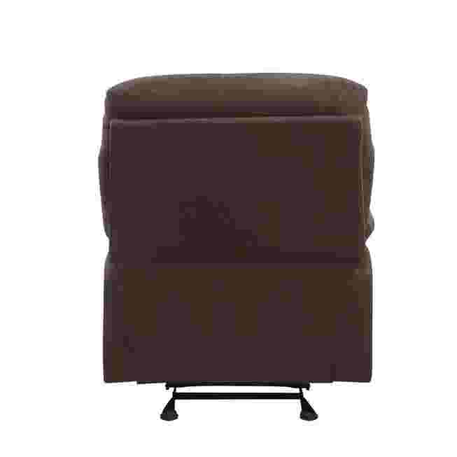 Rear view of dark brown motion glider recliner with padded back panel
