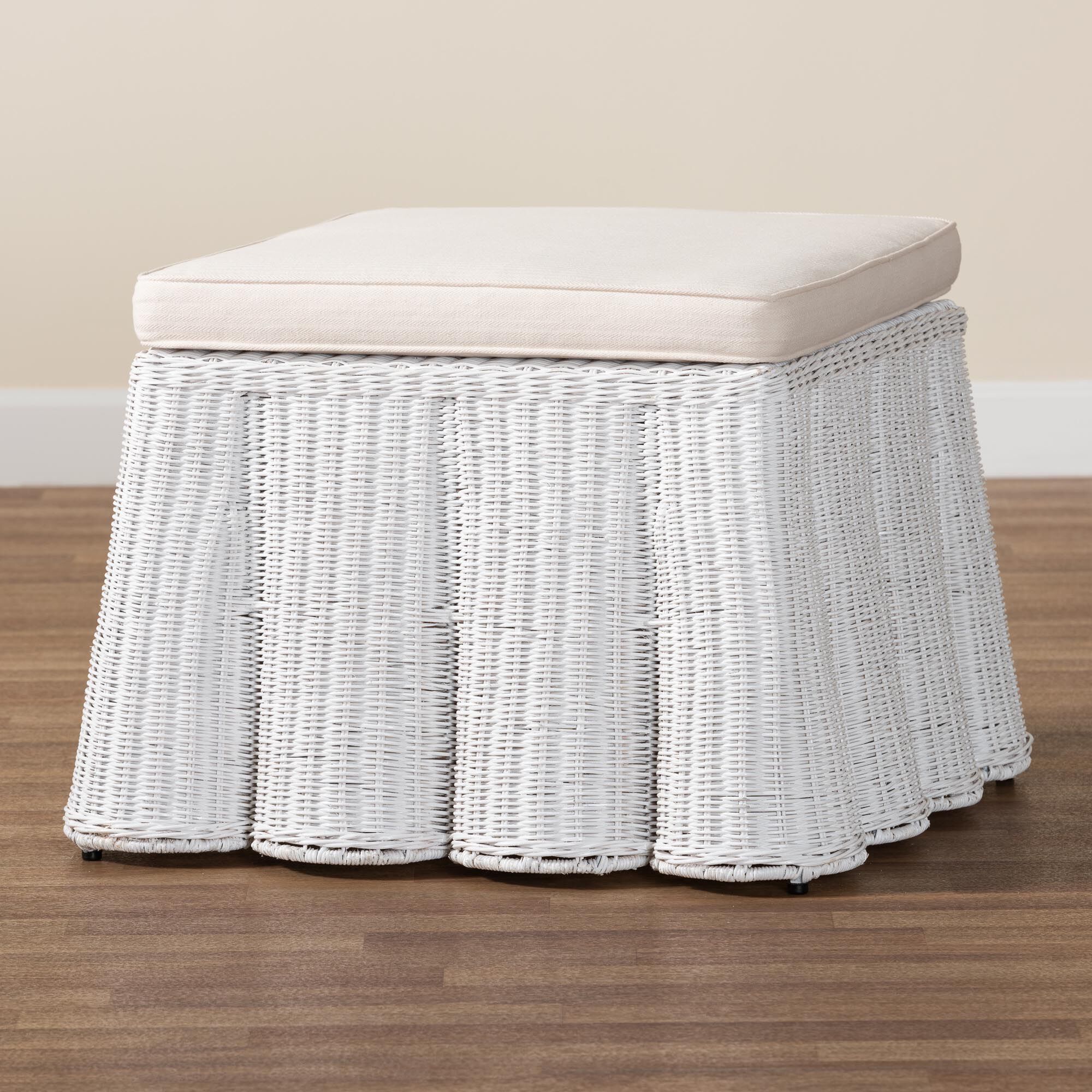 Palm Bohemian White Scallop Rattan Ottoman, WHITE, alternate image number 6