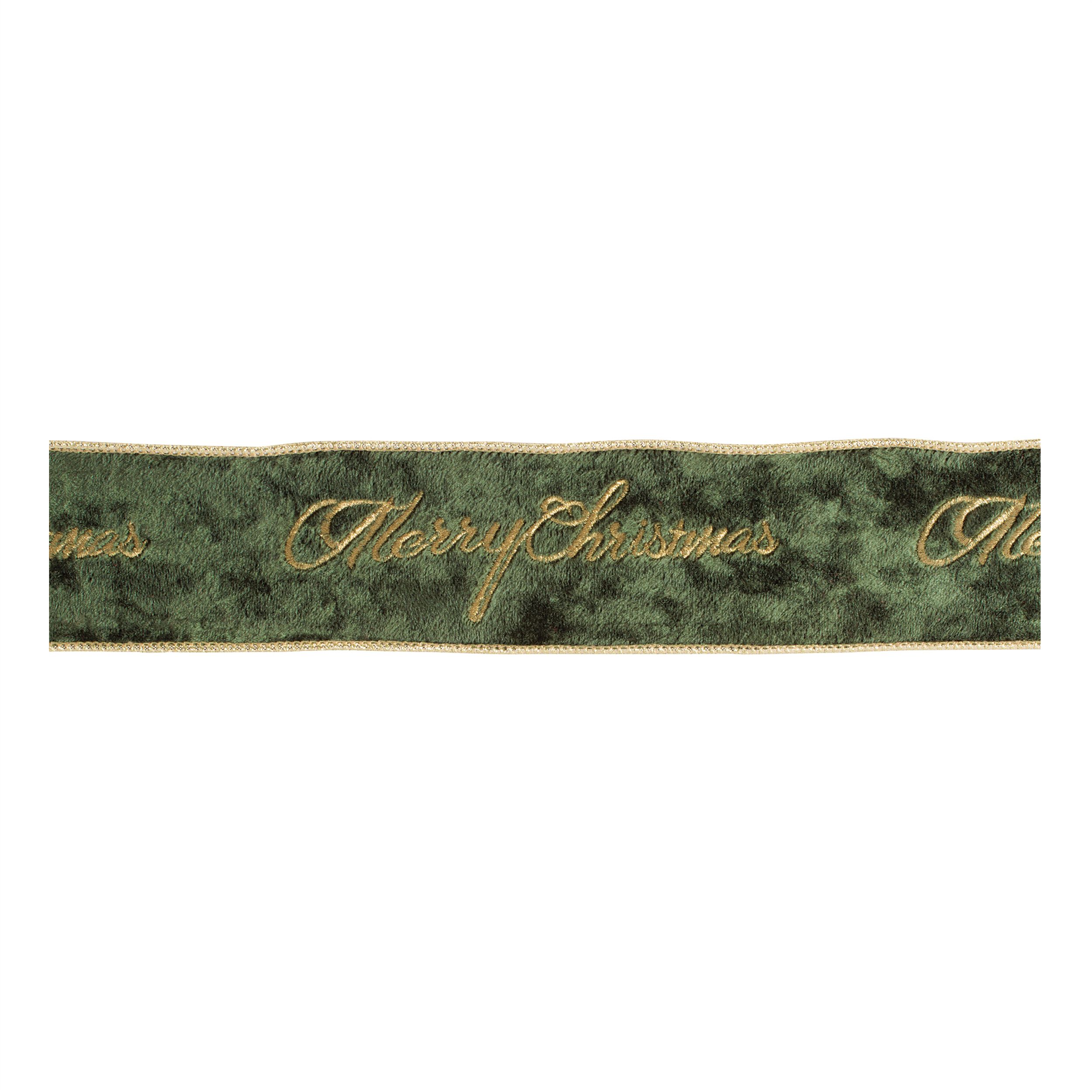 &ldquo;Merry Christmas" Velvet Wired Ribbon 2.5 inches x 5 Yds., GREEN GOLD, hi-res image number 0