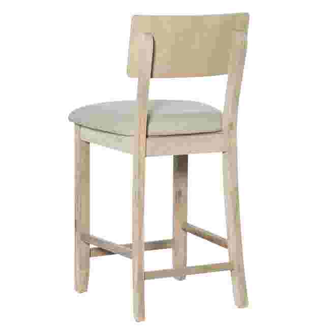 Jordan gray wash bar stool side view with gray upholstered seat