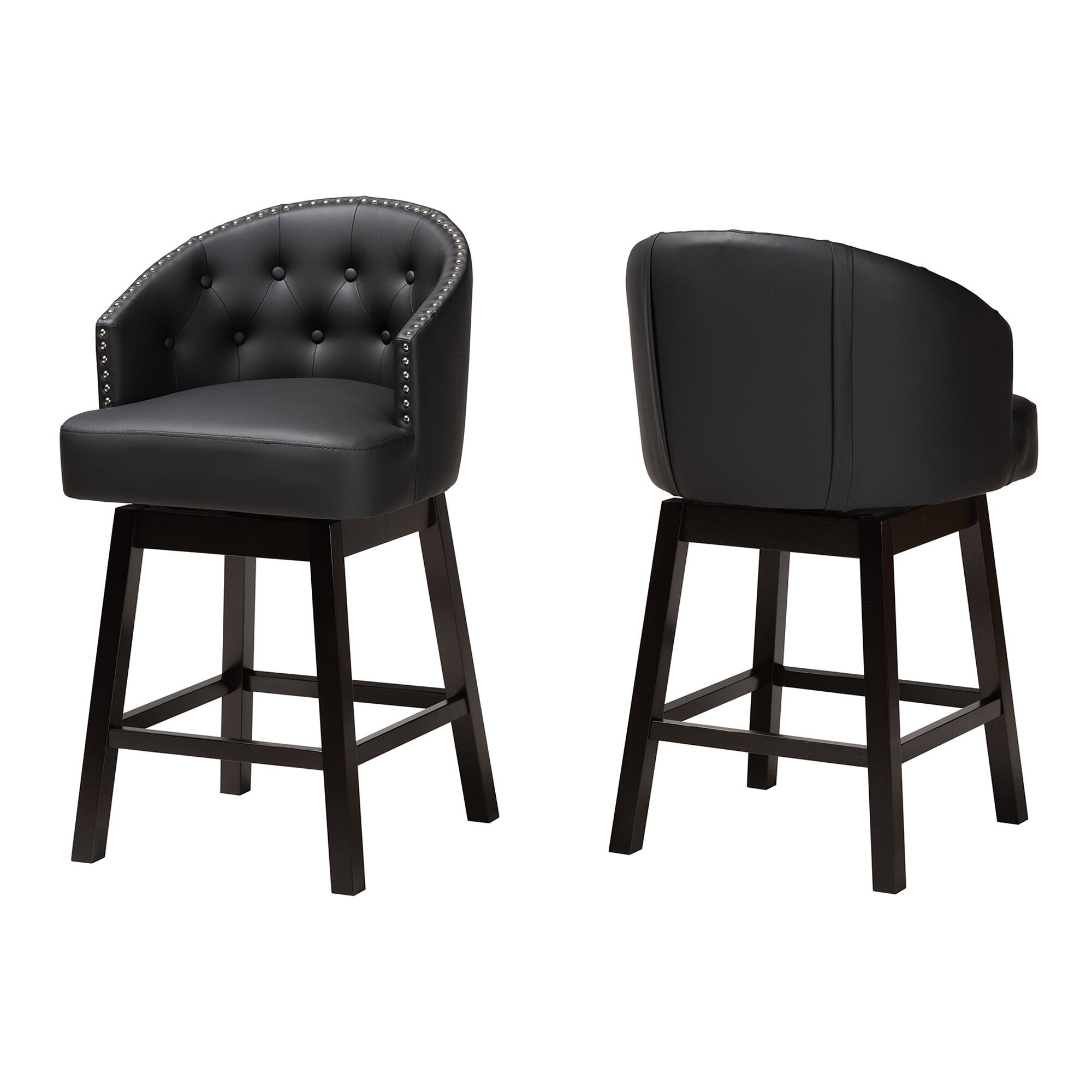 Theron Mid-Century Transitional Black Faux Leather and Espresso Brown Finished Wood 2-Piece Swivel Counter Stool Set, BROWN, alternate image number 2