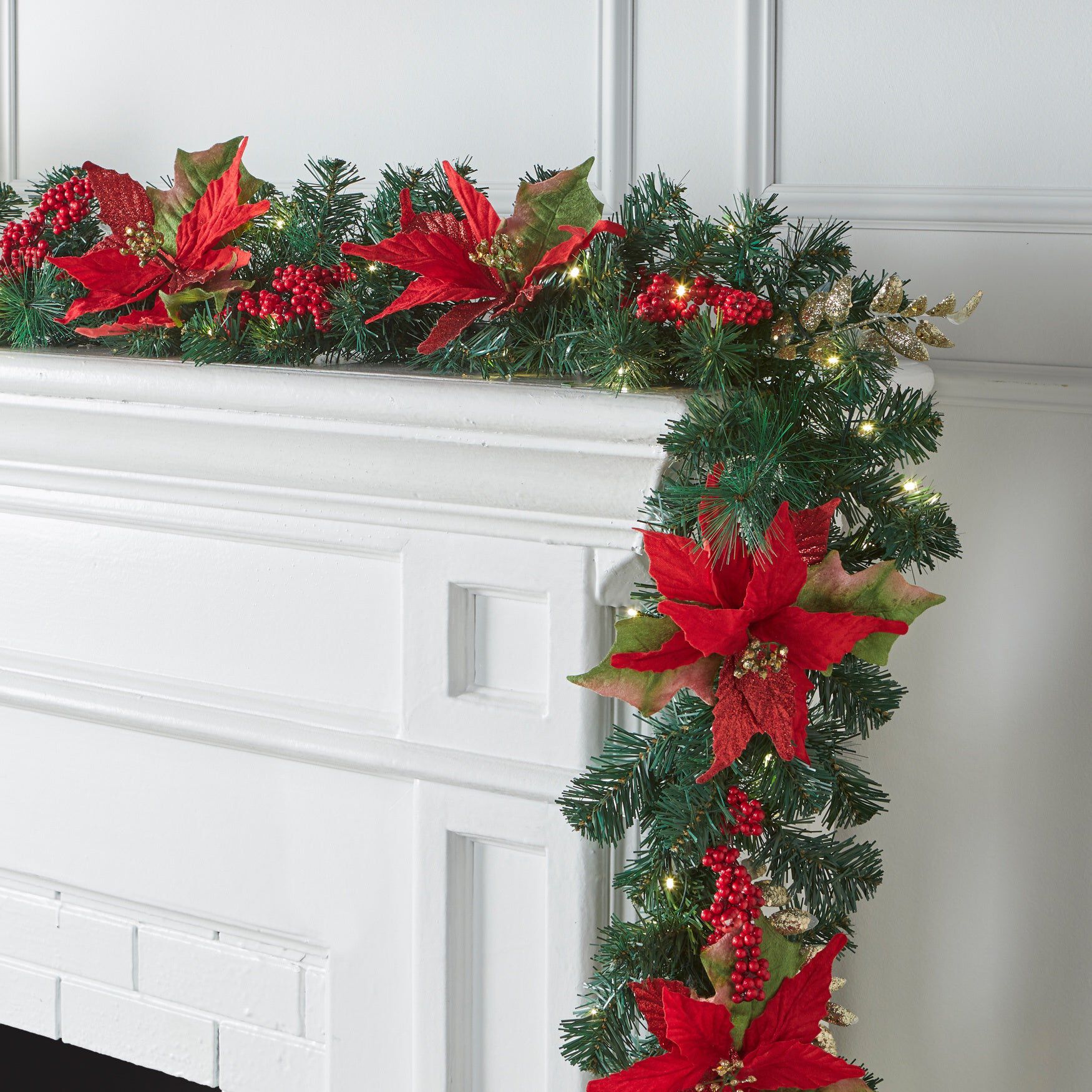 Pre-Lit Poinsettia 9' Garland, RED, hi-res image number 0